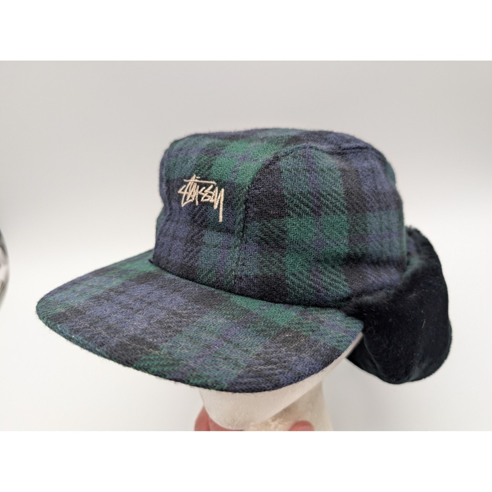 Stussy Plaid Wool Trapper Hat Green Blue Faux Fur Ear Flaps Thinsulate Large USA